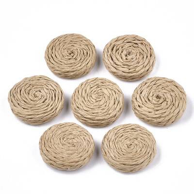 

Handmade Woven Beads Paper Imitation Raffia Covered with Wood No HoleUndrilled Flat Round BurlyWood 2528x78mm
