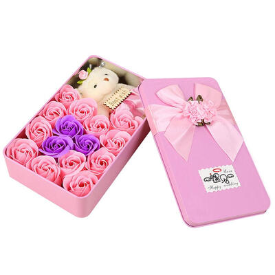 

15pcsBox Rose Flower Bath Scented Soap Bear Doll Iron Box Valentine Gift