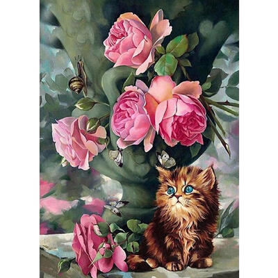

5D DIY Diamond Painting Pink Flowers Cat Cross Stitch Embroidery Rhinestone