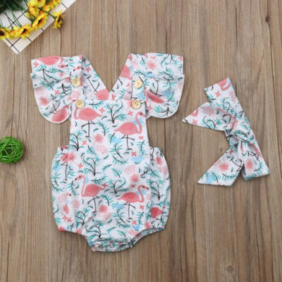 

Newborn Kid Baby Girl Flamingo Romper Bodysuit Jumpsuit Headband Outfits Clothes