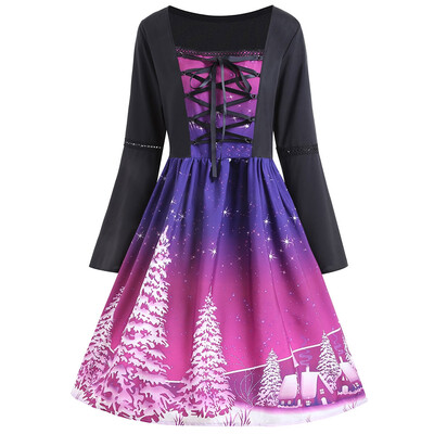 

Plus Size Lace Up Christmas Tree Print Dress
