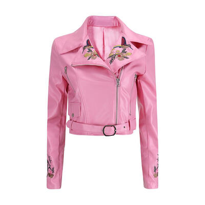 

Women Long Sleeve PU Leather Embroidery Floral Zipper Jacket Crop Tops Coat