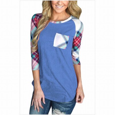 

Round neck cropped sleeve pocket plaid striped print casual straight top