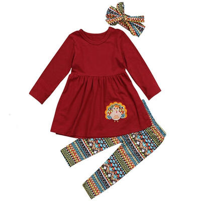 

Thanksgiving Day Turkey Kids Baby Girl Outfit TopsLeggingsHeadband Clothes