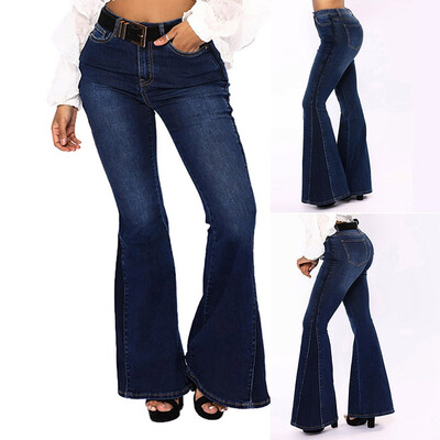 

〖Follure〗Women Elastic Plus Loose Denim Pocket Button Casual Flare pants Pant Jeans