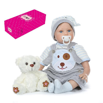 

Decdeal Reborn Baby Doll 22 inch Cloth Body Awake Lifelike Toddler Silicone Doll Play House Toy Gift with Grey&Blue Dog Clothe