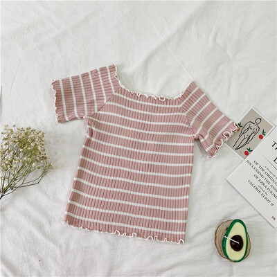 

Womens Slash Neck Striped Short Sleeve Knitted Ruffles T-Shirt