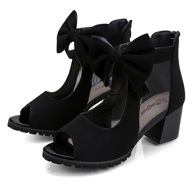 

Rose Womens Ladies Flock Bowknot Tulle Square High Heels Sandals Roman Shoes
