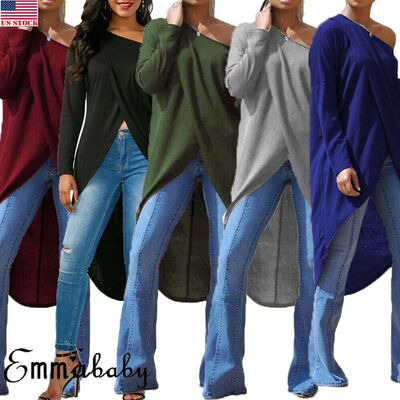 

Women Long Sleeve Asymmetrical Waterfall Shirt Tops High Low Plus Blouse