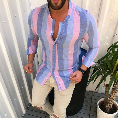 

Mens Long Sleeve Shirt Summer Cool Slim Casual V-Neck Shirts Tops -3XL