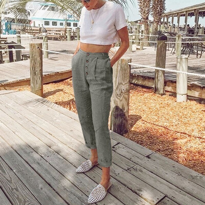 

Women High Waist Long Pants Solid Color Button Casual Pencil Pocket Trousers