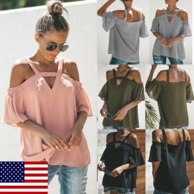 

US STOCK Summer Womens Strappy Cold Shoulder Tops Blouse Short Sleeve T-Shirt