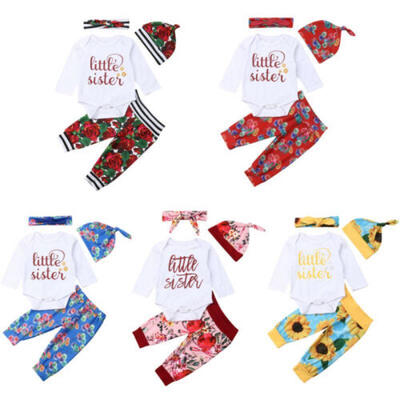 

Newborn Baby Girl Little Sister Clothes Romper Bodysuit Flower Pants Hat Outfits