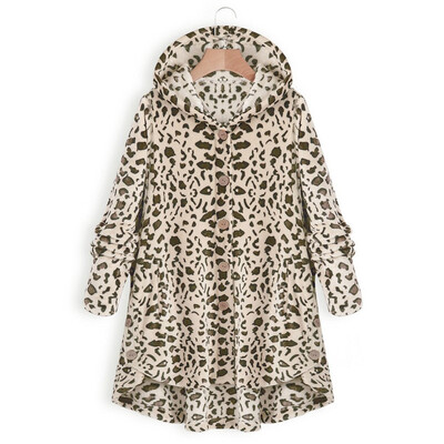 

Toponeto Women Button Leopard Coat Fleece Asymmetrical Hem Hooded Pullover Top Sweater