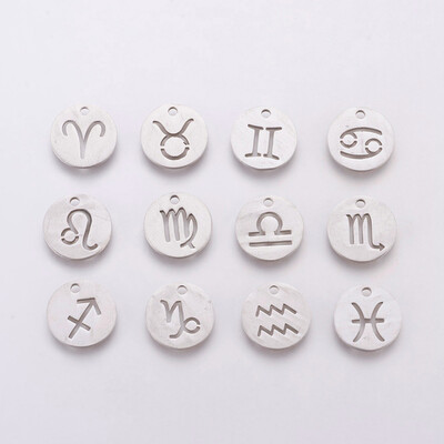 

304 Stainless Steel Charms Flat Round with ConstellationZodiac Sign Stainless Steel Color 12x1mm Hole 1mm 12pcsset