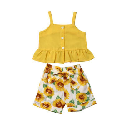 

2PCS Toddler Baby Girl Clothes Sunflower Vest TopsShorts Pants Outfits Sunsuit