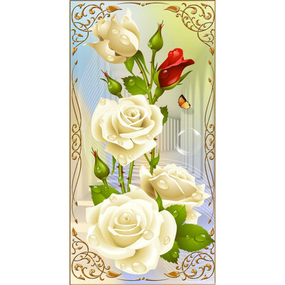 

5D Needlework Diy Diamond Painting Cross Stitch Pink Rose Diamond Embroidery Flower Vertical Print round Drill Home Decor
