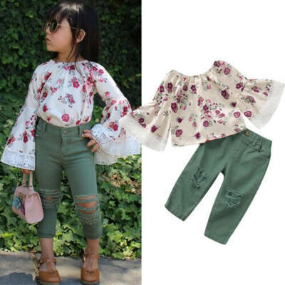 

US 2PCS Toddler Kids Baby Girl Floral Dress TopDenim Pants Jeans Clothes Outfit