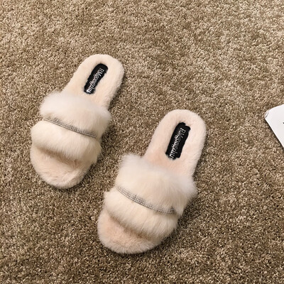 

Rhinestones drag women wearing summer Korean ins tide dew toe flat bottom Mao Mao slippers women