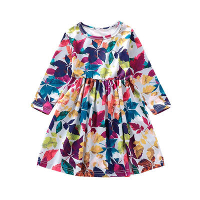 

Children Dresses Kids Girl Long Sleeve Maple Print O-neck Autumn Dress