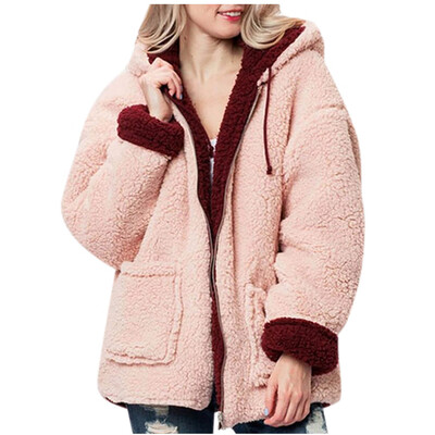 

Toponeto Women Fashion Solid Faux Fur Hooded Plush Zipper Pocket Reversible Coats