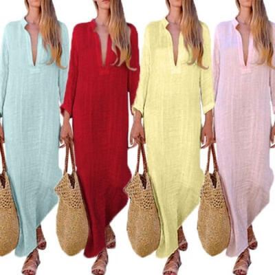 

Women Long Sleeve Boho Cotton Linen Loose Long Maxi Dress Kaftan V Dress Size