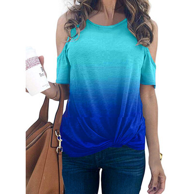 

Starmoon Womens Short Sleeve Cold Shoulder Print Tops Knot Casual Loose Blouse Shirts