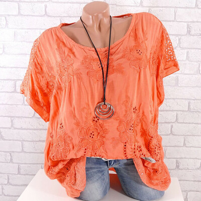 

Nomeni Women Casual Short Sleeve Lace Solid Fashion Loose Plue Size Tops Shirt Blouse