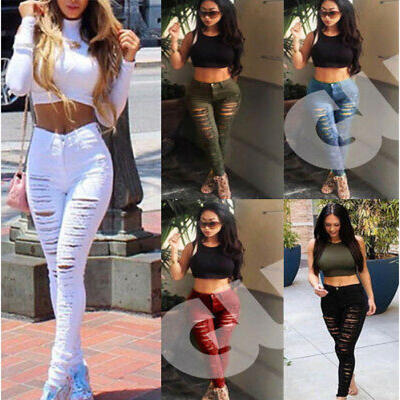

Women Casual Denim Skinny Ripped Pants High Waist Stretch Jeans Pencil Trousers