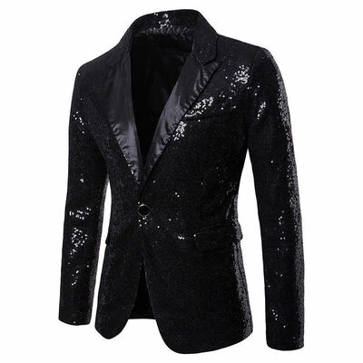 Men V-neck One Button Blazer Suit Party Wedding Glitter Sequin Shiny Coat Jacket