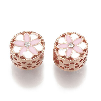 

Alloy Enamel European Beads with Rhinestone Hollow Large Hole Beads Flat Round with Flower Rose Gold 12x115x10mm Hole 5mm