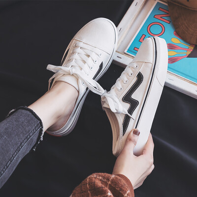 

Black canvas womens shoes 2019 summer new half slippers with no heel lazy shoes Korean version of Joker spring tide shoes