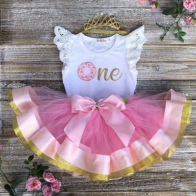 

Baby Girl 1st Birthday Party Dress Floral Romper Tutu Skirt Outfit Clothes