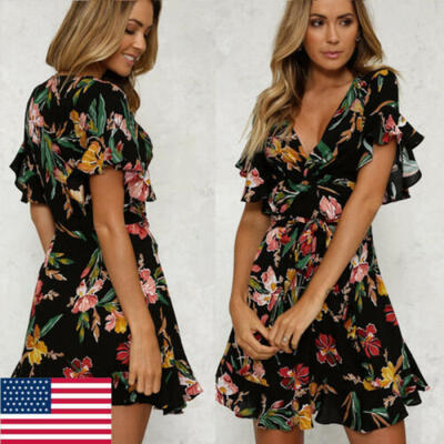 

Women Boho Loose Short Sleeve Mini Dress Ladies Holiday Kaftan Short Dress USA
