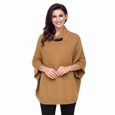 

High neck half sleeve waffle wool knit shawl casual sweater womens
