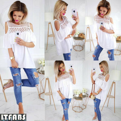 

Summer Womens Fashion Veil Openwork T-Shirt Top Ruffled Off-Shoulder Shirt Top