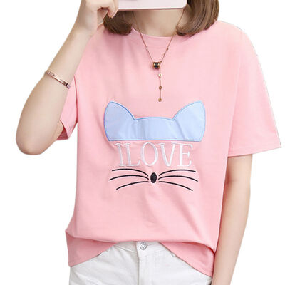 

Summer Cute Cat Embroidered Simple All Match Short Sleeve Female T-shirts  L XL XXL