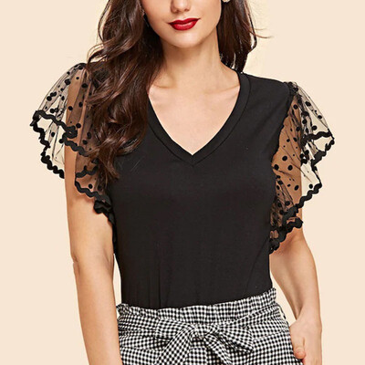 

Women V-neck Summer Color Mesh Matching Loose Short Sleeve Casual Simple Wild T-Shirt