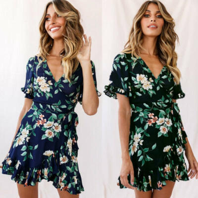 

Women Floral Boho Sundress Short Sleeve Summer Holiday Beach Maxi Mini Dress