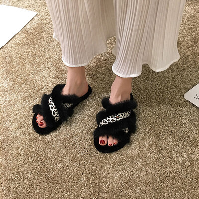 

Mingyuanfeng sandals for women wearing autumn-style Korean leopard-print fur shoes with open toes&flat soles