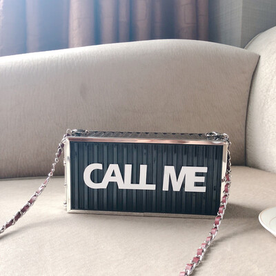 

Good Quality Fashion Acrylic Box Design Letter Call Me Party Chain Shoulder Bag Clutch Mini Messenger Bag Ladies Handbag Flap