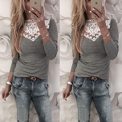 

Women Sexy Lace Sweet Long Sleeve Solid Color Slim Fit Off Shoulder Tops Blouse