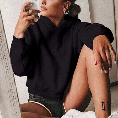 

Autumn Winter Women Casual Loose Short Hooded Sweater Long Sleeved Stylish Tops Solid