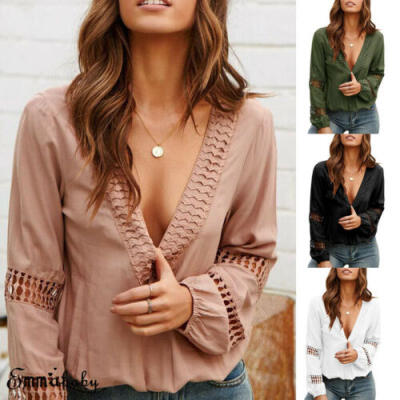 

Womens Loose Lace Long Sleeve Hollow Out T Shirts V Neck Solid Top Blouse Tees