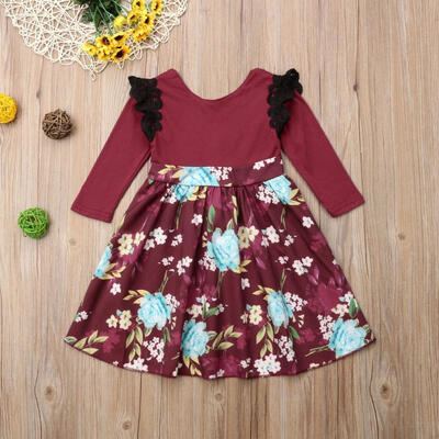 

Kids Baby Girls Long Sleeve Lace Floral Printed Dress Christmas Party Princess Dress