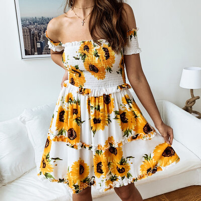 

Women Strapless Floral Print Dress Ladies Fashion Slash Neck Tunic Dress Party Beach Mini Dress