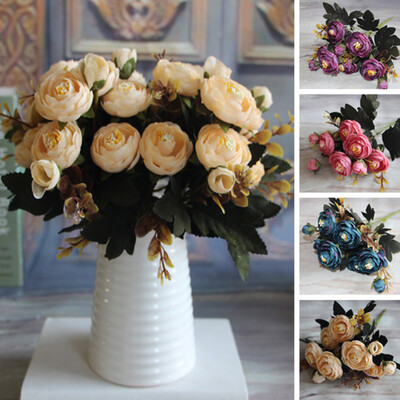 

1 Bouquet Artificial Tea Rose Faux Silk Cloth Flowers Hotel Room Wedding Decor