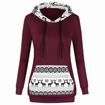 

Nomeni Fashion Casual Women Patchwork Hoodie Sweatshirt Christmas Print Pullover Blouse