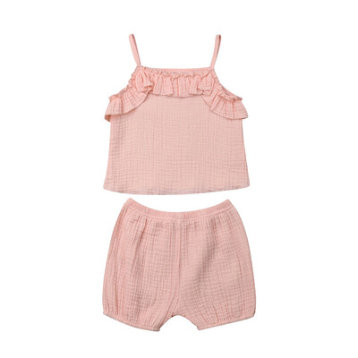 

2PCS Newborn Baby Girls Cotton linen Strap TopsShorts Summer Outfits Set 0-3Y