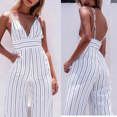 

Women Striped Clubwear V Neck Playsuit Bodycon Party Jumpsuit&Romper Trousers